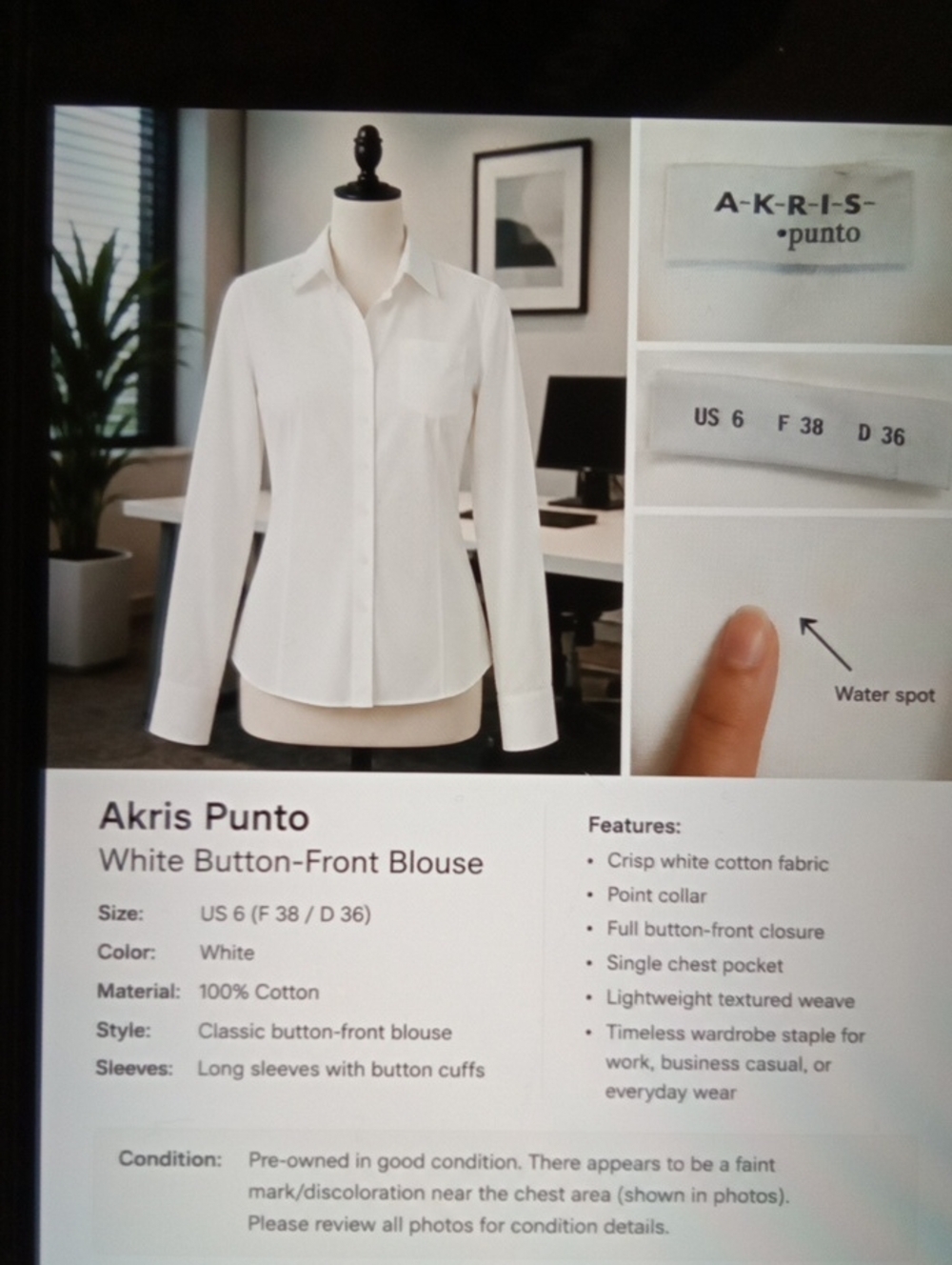 Akris Punto White Front Button Office Career Timeless Wardrobe Womens Blouse 6